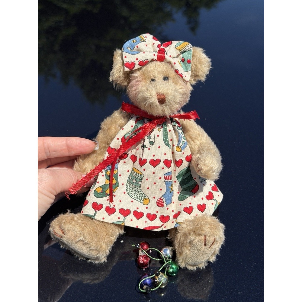 Vintage Mini Teddy Bear Plush in Handmade Heart & Stocking Dress with Bow